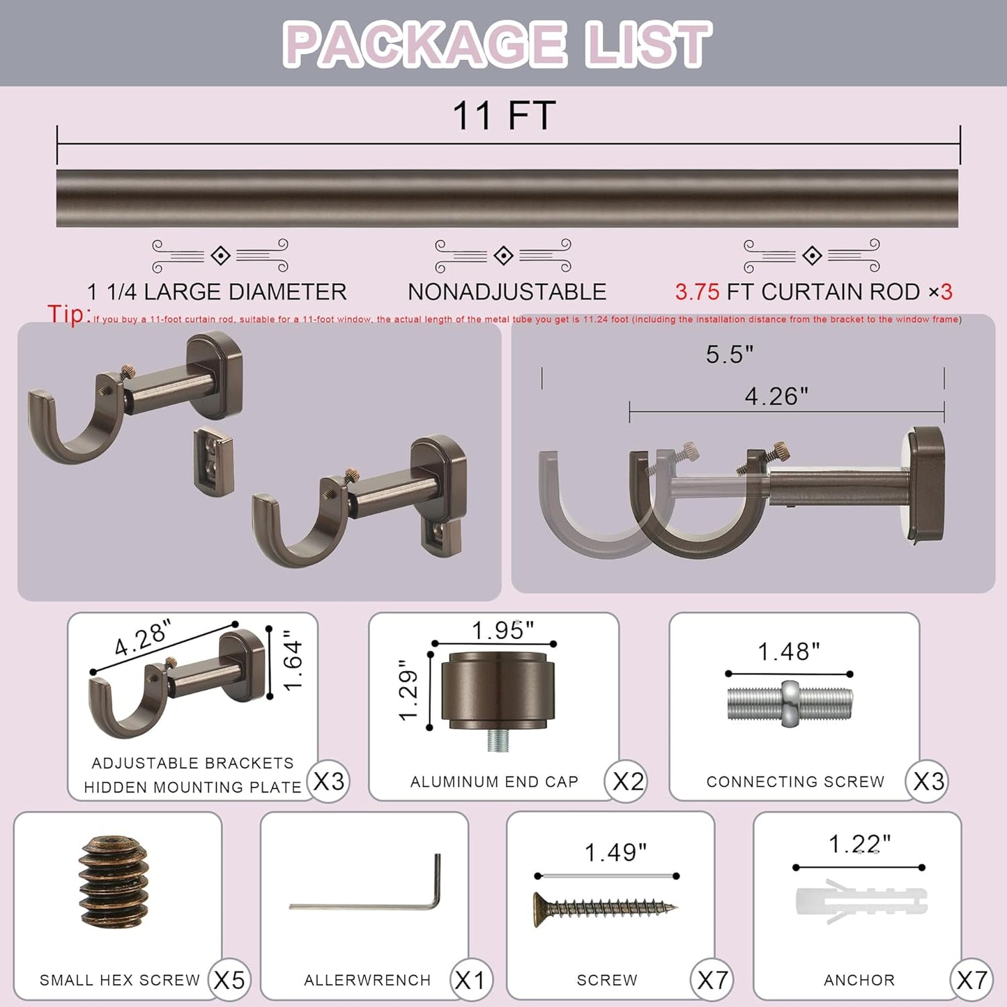 Heavy Duty Curtain Rods,1 1/4" Large Diameter Premium Nonadjustable Curtain Rod,132in/11ft Custom Window Treatment Rods with Durable Aluminum Brackets and End Caps,Dark Bronze Finish