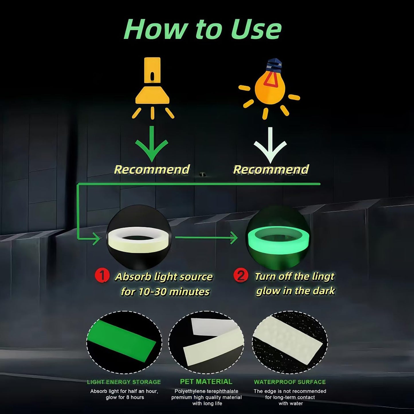 Glow in The Dark Tape 1Inch x 40FT - Fluorescent Glow Tape High-Adhesion Waterproof,Fluorescent Safety Tape, Photoluminescent for Stairs, Bikes, Outdoor Gear,Halloween DIY，Walls and Exit Sign
