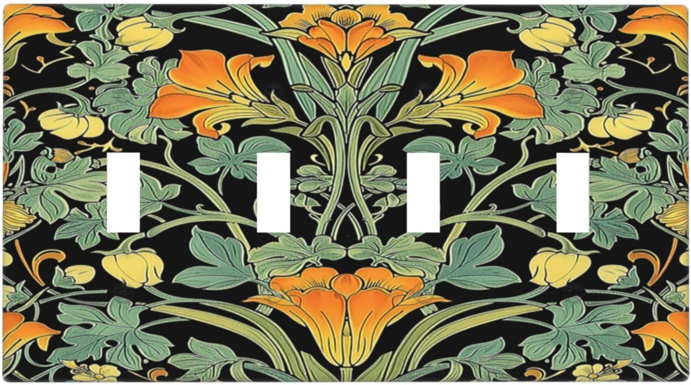 Light Switch Covers William Morris Vintage Floral Green Yellow Quad Toggle Electrical Faceplate 4 Gang Wall Plate Decorative Switch Plates for Bedroom Home Decor