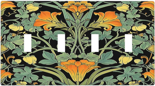 Light Switch Covers William Morris Vintage Floral Green Yellow Quad Toggle Electrical Faceplate 4 Gang Wall Plate Decorative Switch Plates for Bedroom Home Decor