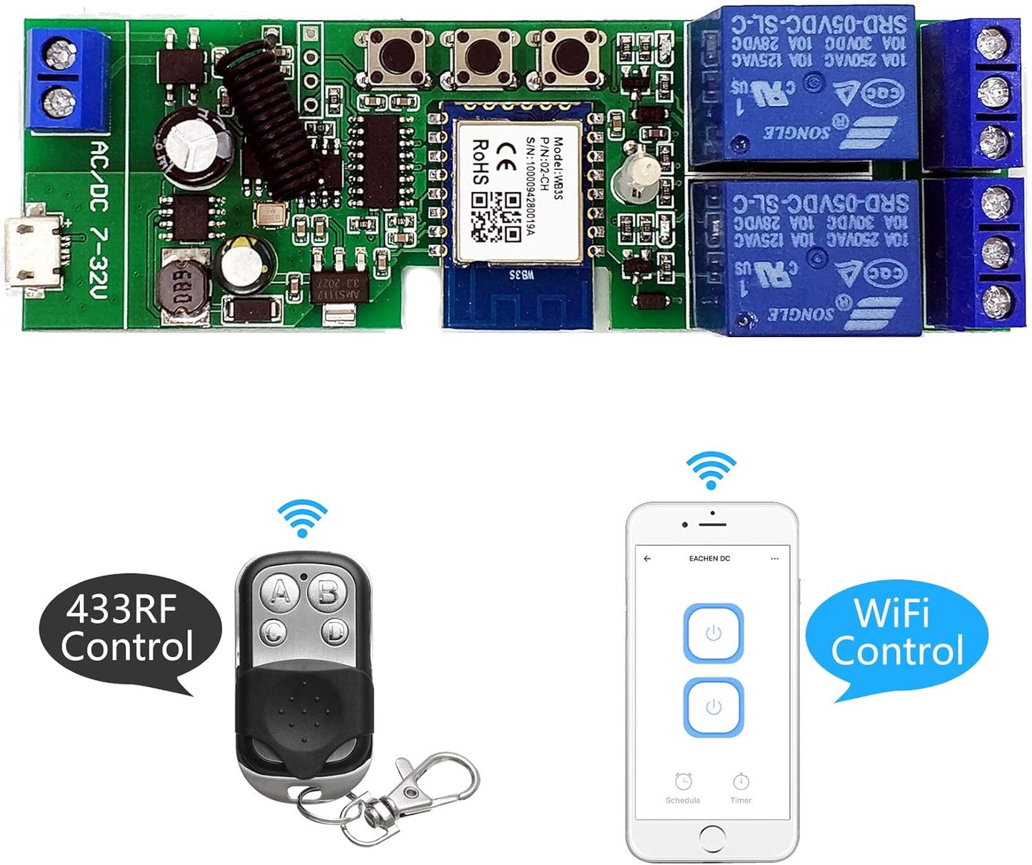 2 channelsWiFi Wireless Smart Switch Inching Self-locking Relay Module, be applied to access control Tuya SmartLife APP,DIY WIFI Garage Door Opener With 433 MHz RF remote control