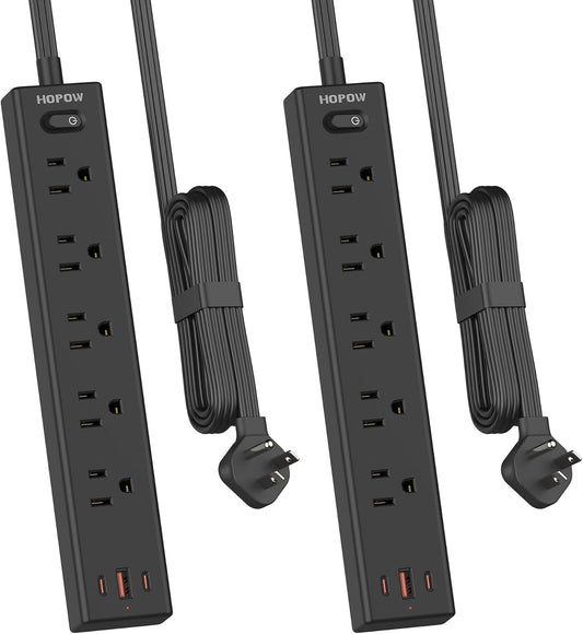 Flat Plug Power Strip, 2 Pack, 5 Ft Ultra Thin Flat Extension Cord, Surge Protector with 5 Outlets & 3 USB Ports (2 USB C Slots), 1700 Joules, 3-Prong, Wall Mount for Home Office Dorm, Black