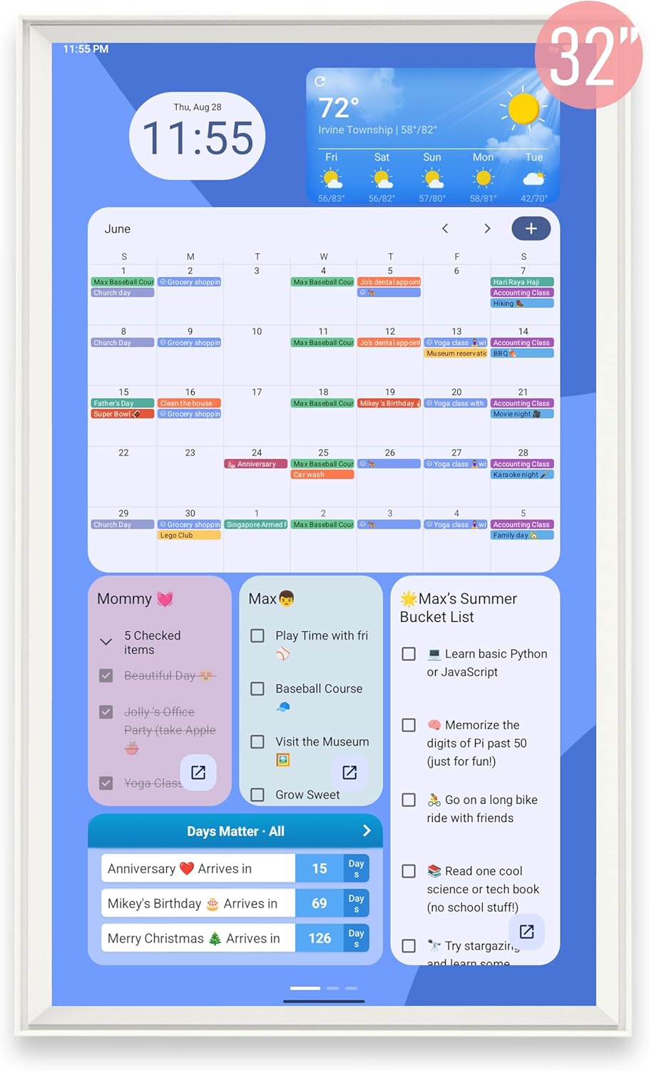 32 Inch Digital Planner Wall Planner Touch Screen Chore Chart Syncs All Android Tablet Apps To Do List Notepad Electronic Smart Calendar Digital for Family Meal Planner Support Via App Store Wall Mount White (White, 32 Inch)