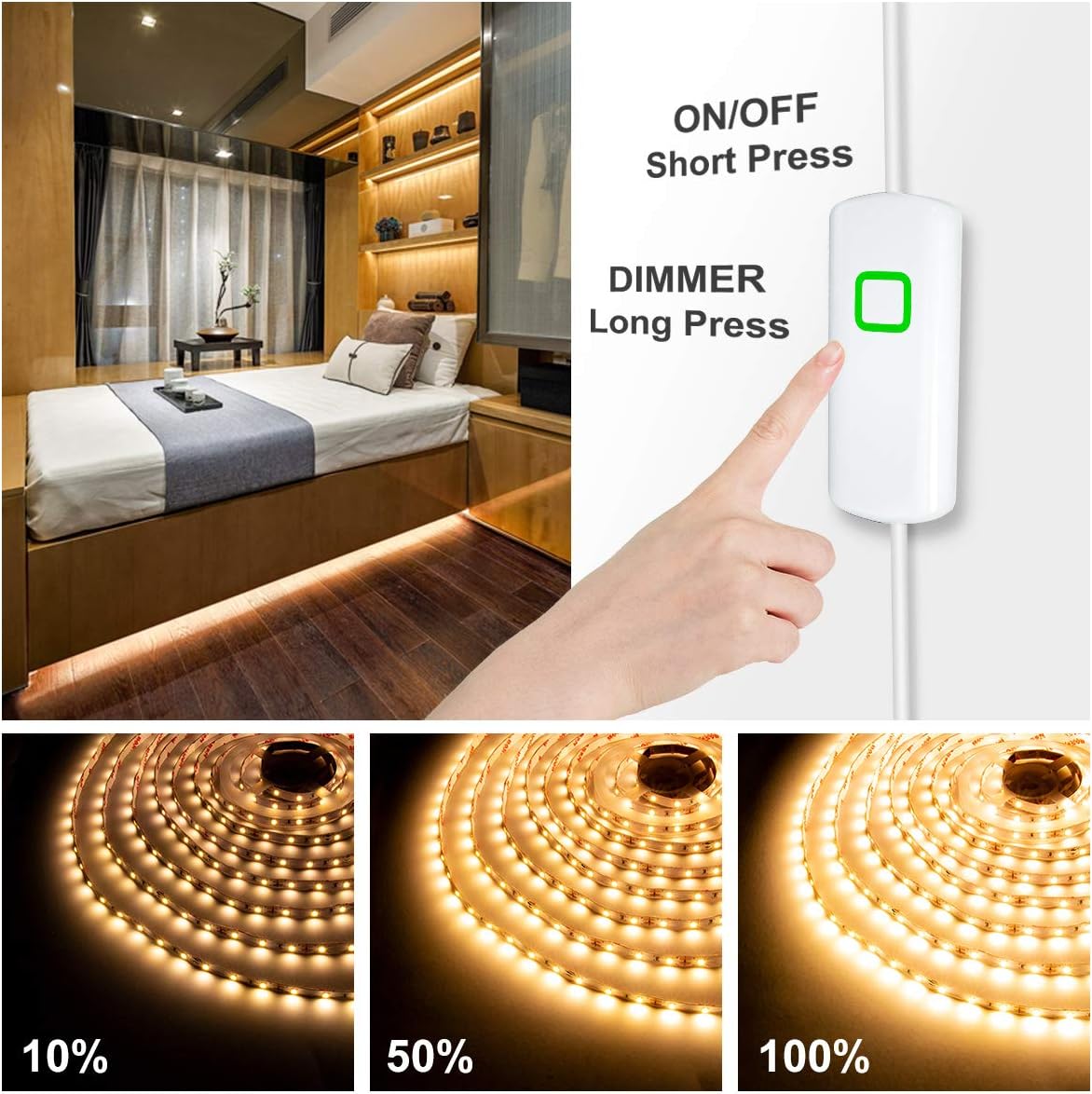 MYPLUS Under Cabinet Lighting Kit, 50Ft Dimmable Led Strip Lights with 900 LEDs, 24V, Low Power Safety Adapter, Flexible Tape Light for Kitchen Cabinet,Bedroom,Counter,Shelf (Warm White-3000k)