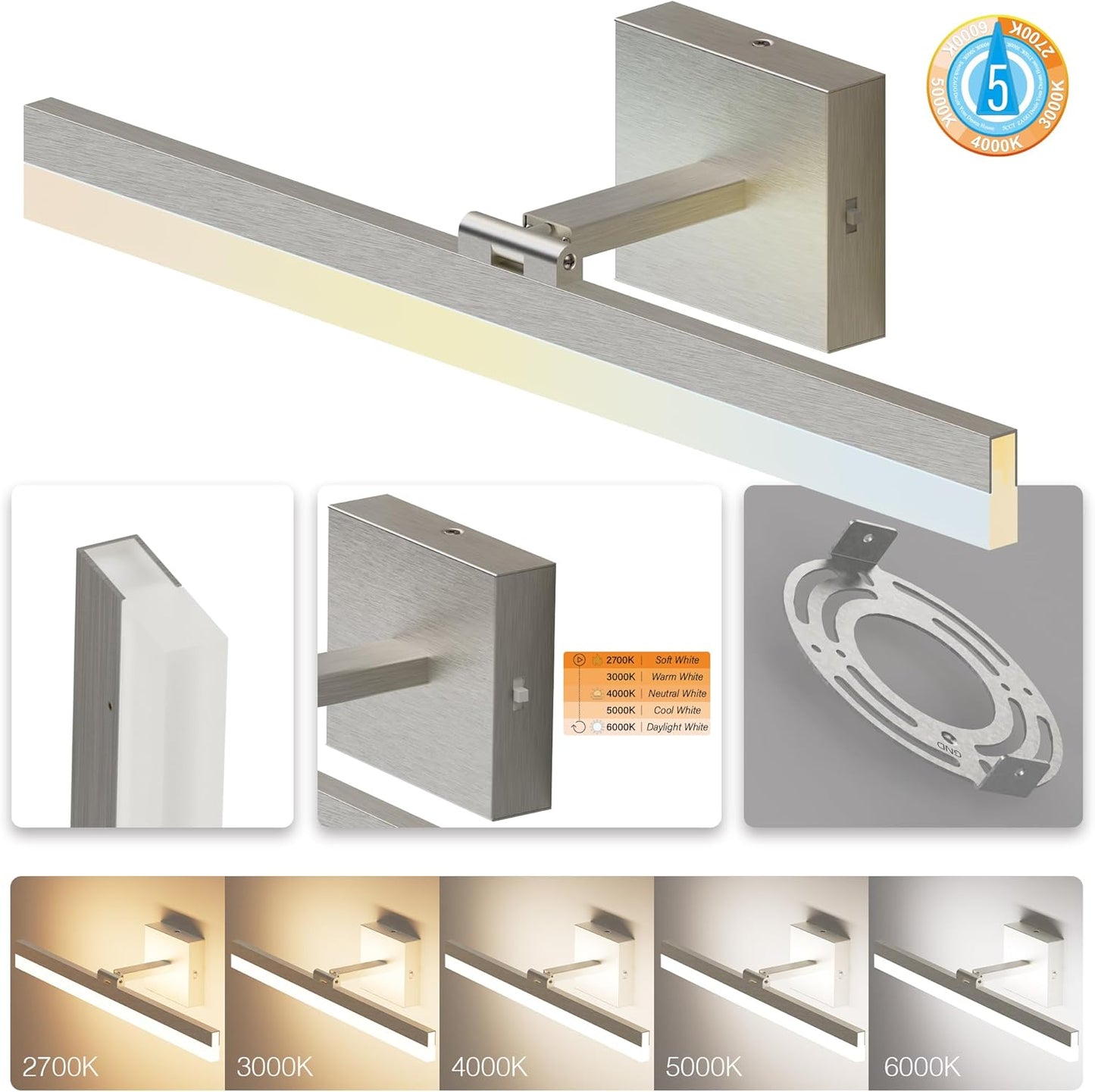 ZAGO 24 Inch Bathroom Vanity Light Fixtures Over Mirror - LED Modern Rotational Wall Mounted Adjustable Hardwired Picture Lighting Bar with 5CCT Switchable, ETL & Damp Rated, Brushed Nickel, 2-Pack