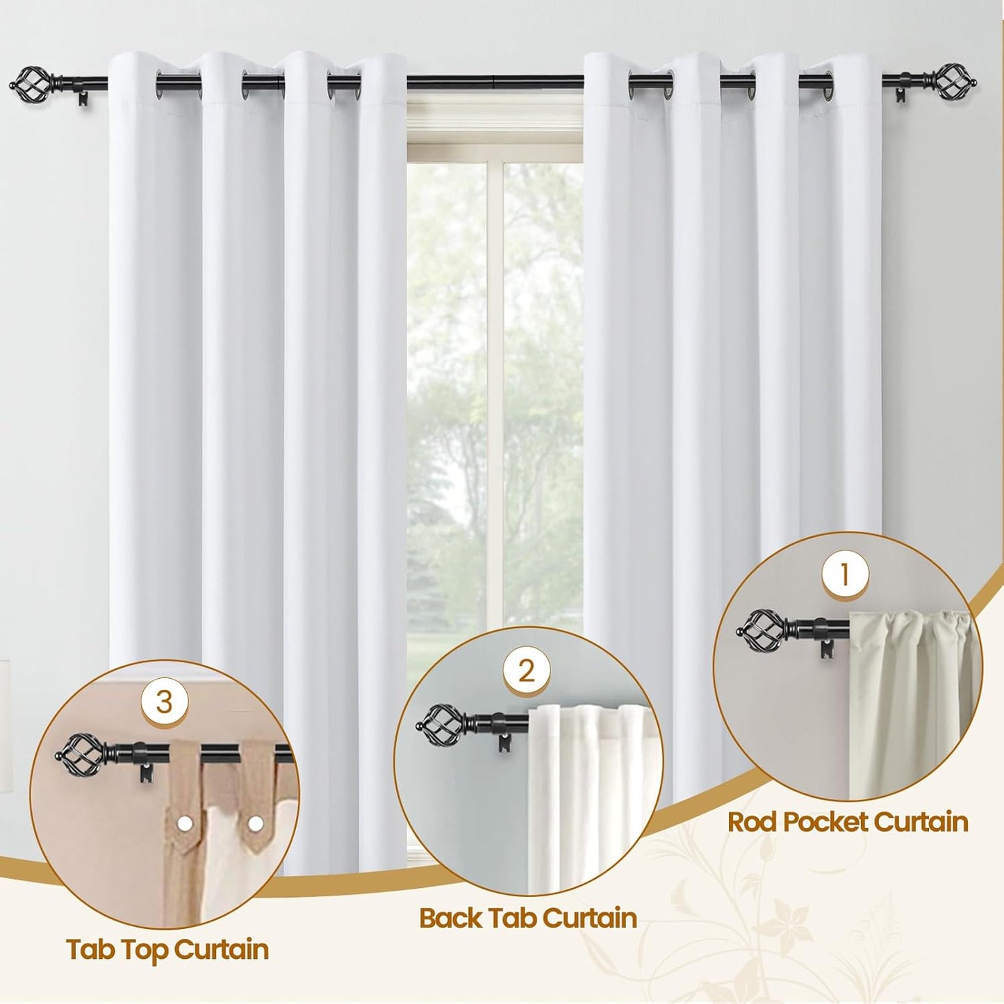 KAMANINA Black Curtain Rods for Windows 72 to 144 Inch, Long Curtain Rod 32 to 144 Inches (2.6-12ft), 6/8 In Splicing Adjustable Single Drapery Rod with Twisted Cage Finial