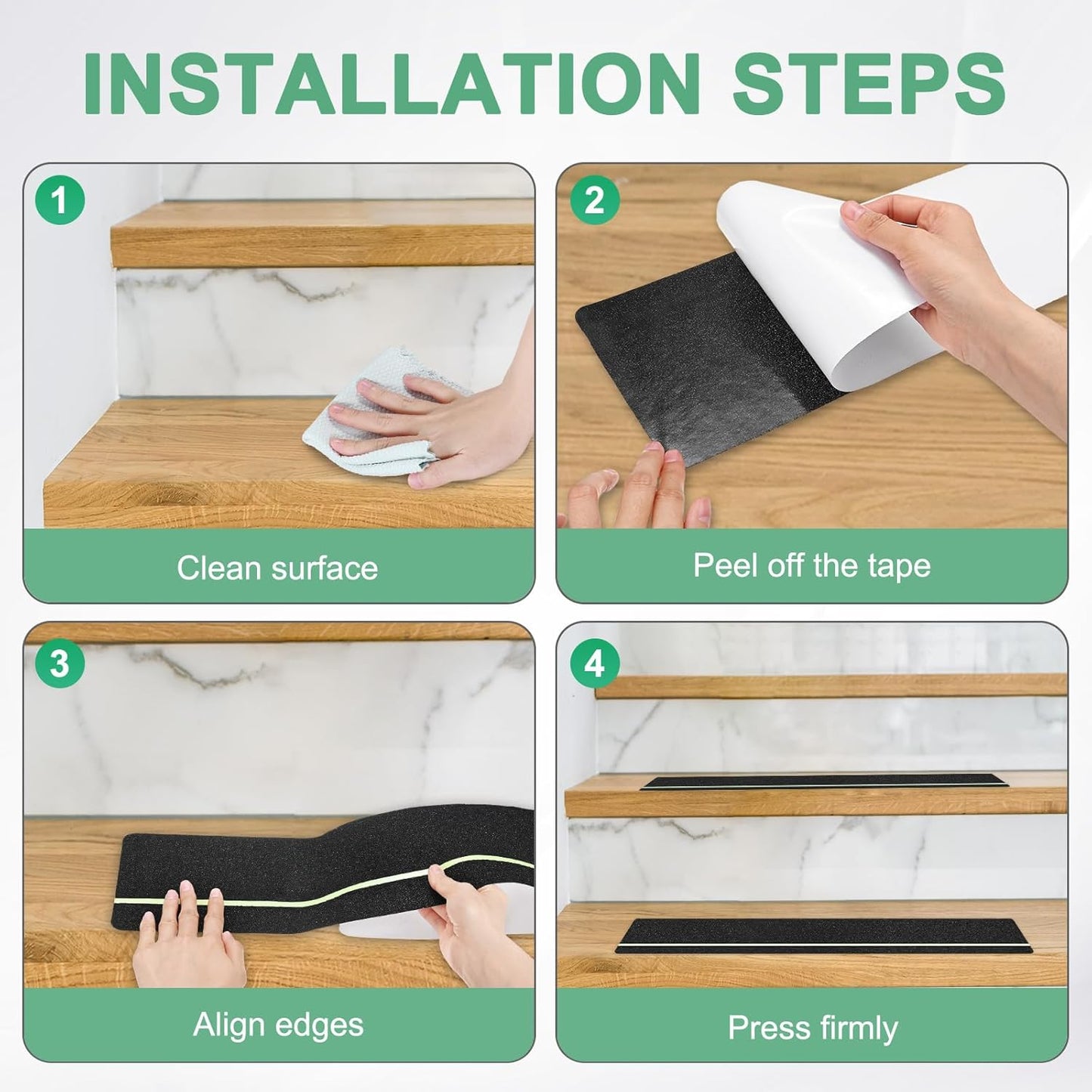 5-Pack Anti Slip Traction Tape 30" x 6" Best Grip Tape Grit with 6mm/0.24" Glow in Dark Stripe High Traction Friction Abrasive Adhesive for Indoor/Outdoor Stairs[Black+Green]