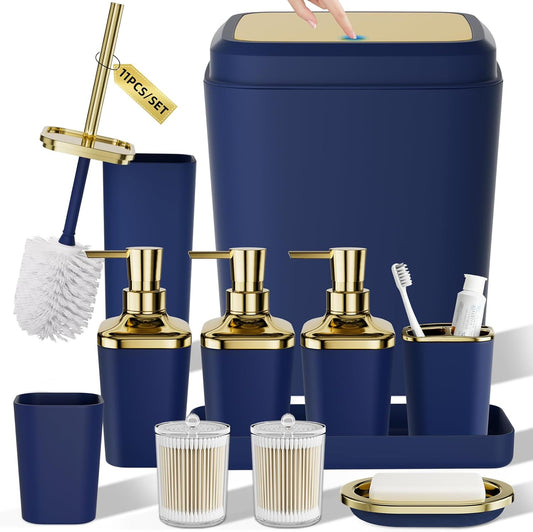 Bathroom Accessory Set, 11PC Bathroom Set, Navy Blue Bathroom Accessories, Bathroom Accessories Set with Trash Can, 3PC Soap Dispensers and Toilet Brush