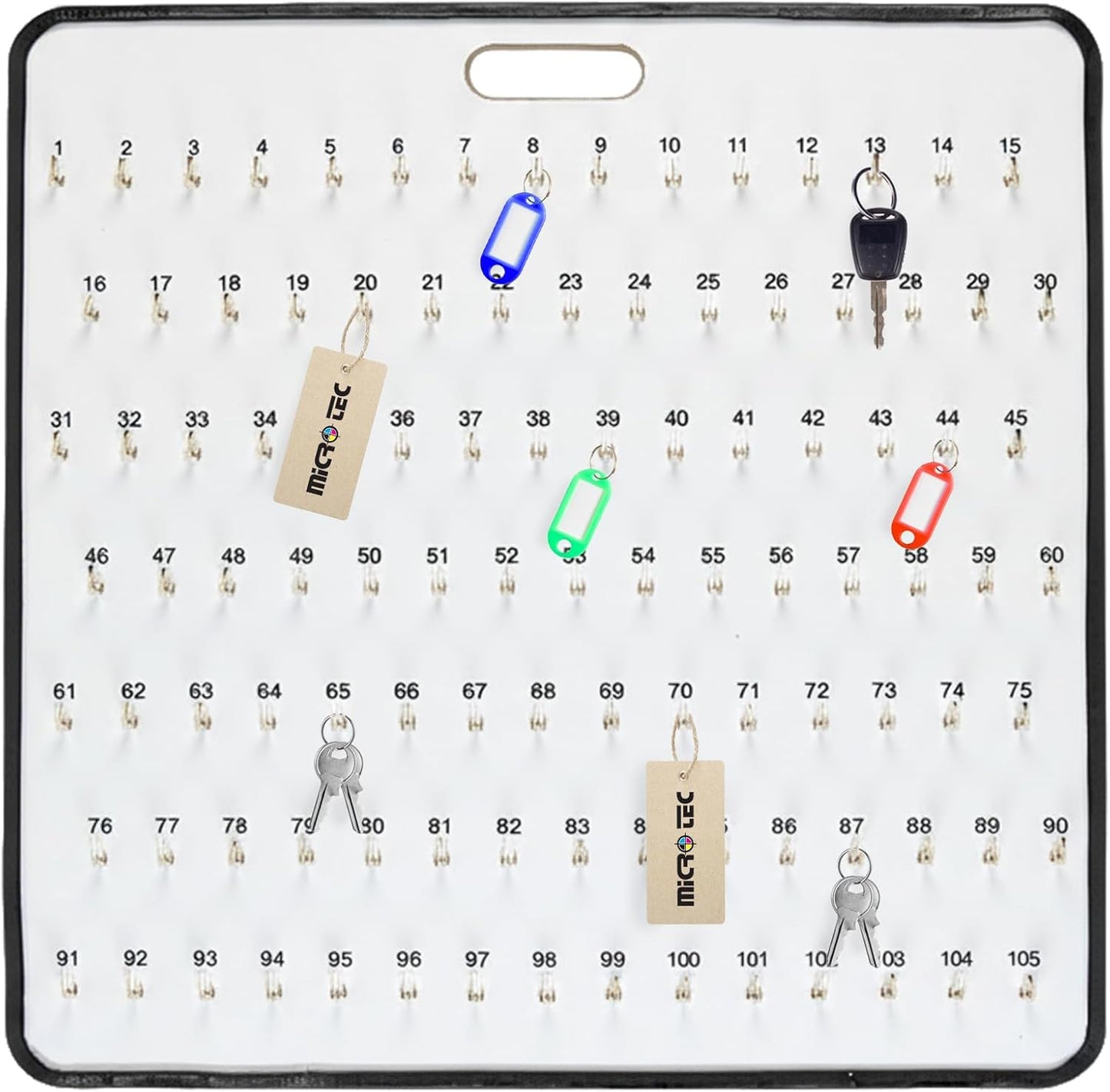MICRO TEC Masonite Key Holder Wall Mount with 105 Spring-Lock Hooks 32E x 29.5" – Wall Mounted Key Organizer Board with Metal Trim and Handle – Dealership, Office, Garage Key Rack Cabinet - Pack of 1
