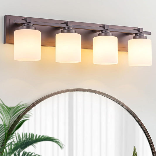 4 Light Modern Bathroom Light Fixtures Over Mirror, Bronze Finish Vanity Lights for Bathroom Wall Sconces with Milky White Glass Shades, E26 Socket (Bulbs Not Included)