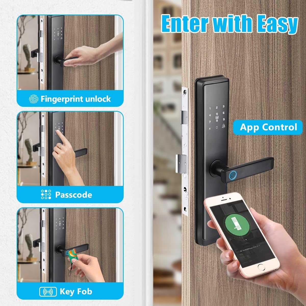 Fingerprint Door Lock with Handle - Tuya App Control & Mechanical Key Backup - 5-in-1 Keyless Entry Smart Lock - Fits 1.38-4.72inch Doors, Auto Lock & USB Emergency Power for Home, Office