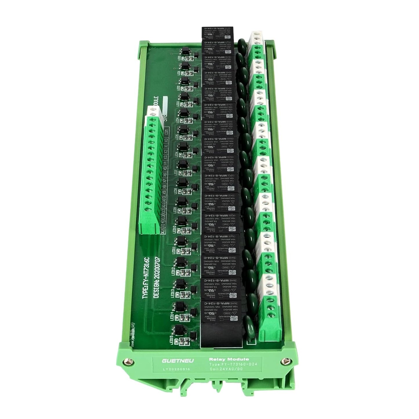 Relay Board, 16 Channel 1 SPDT DIN Rail Mount 24V DC/AC Relay, Interface Board