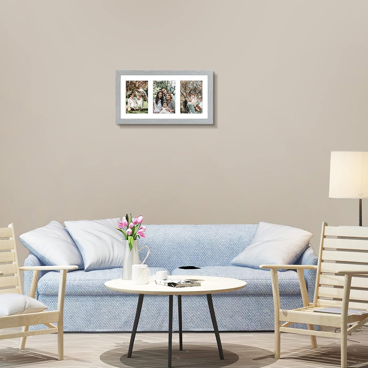 Golden State Art, Set of 3, 9x18 Grey Wood Frame - White Mat for Three 5x7 Pictures - Sawtooth Hangers- Swivel Tabs - Wall Mounting - Landscape/Portrait - Real Glass - Collage Frame
