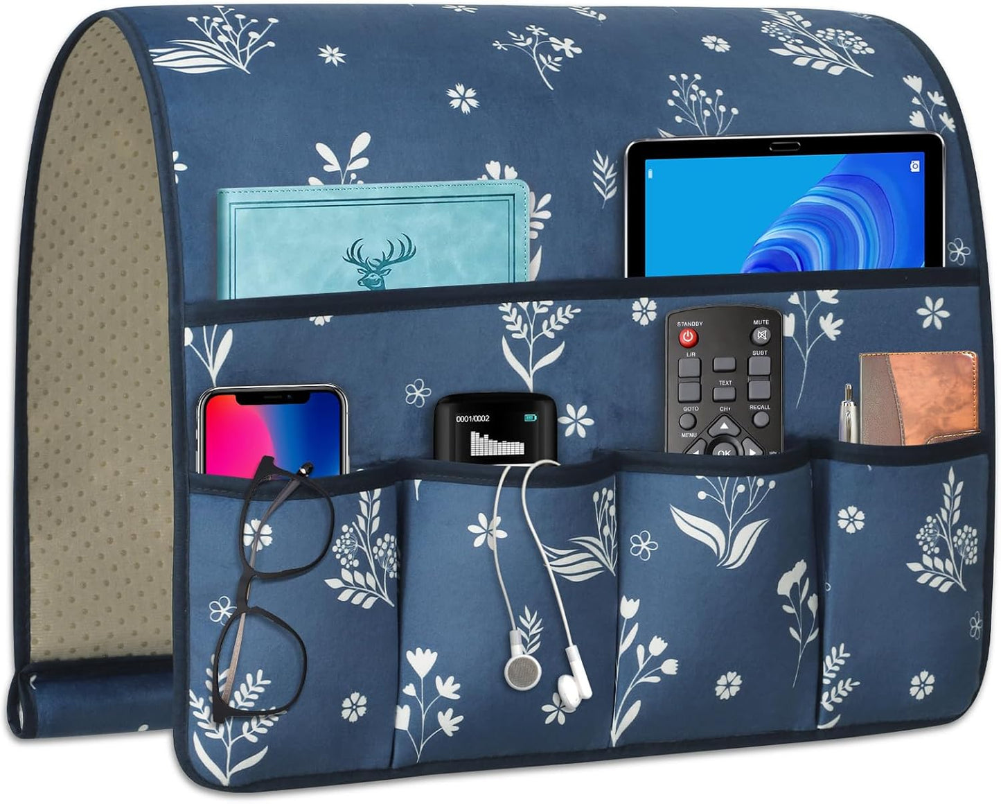 Remote Control Holder for Armchair，Couch Caddy Organizer TV Remote Holder for Bed Storage 5 Pockets，Remote Caddy Bedside Organizer Bedside Table Organizer (Blue, 35''x18'')