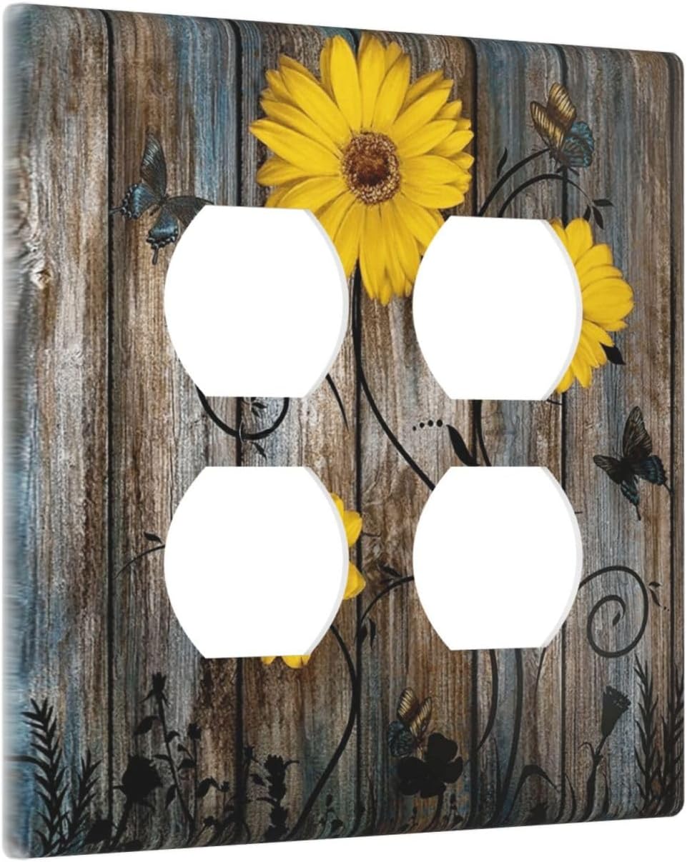 Rustic Barn Sunflower Wooden Daisy Flower Plank Outlet Covers 2 Gang Double Duplex Decorative Light Switch Covers Electrical Wallplates Socket Faceplate for Farmhouse Home Decor