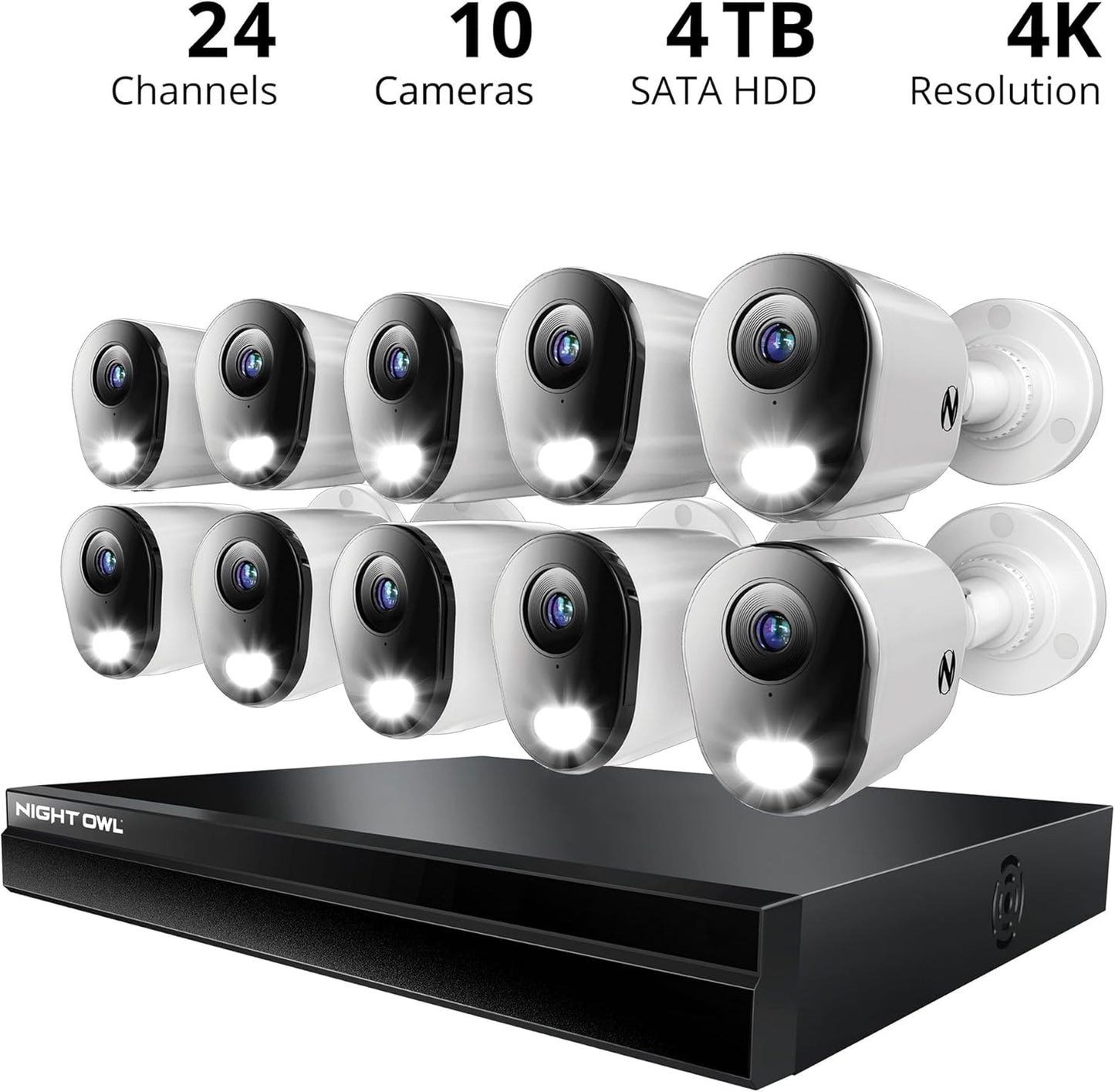 Night Owl Power Over Ethernet 24 Channel NVR Video Home Security Camera System with (10) Wired IP 4K HD Indoor/Outdoor Deterrence Bullet Cameras and 4TB Hard Drive (10 Camera Bullet)