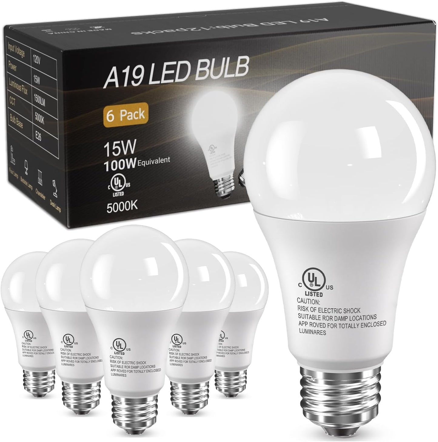 TJOY 6 Pack LED Light Bulbs, 100 Watt Equivalent A19 Lightbulbs, 15W 5000K Daylight White, Bright Energy Efficient LED Bulb, 1500 Lumens E26 Standard Screw Base Lamp for Kitchen Indoor, Non-Dimmable