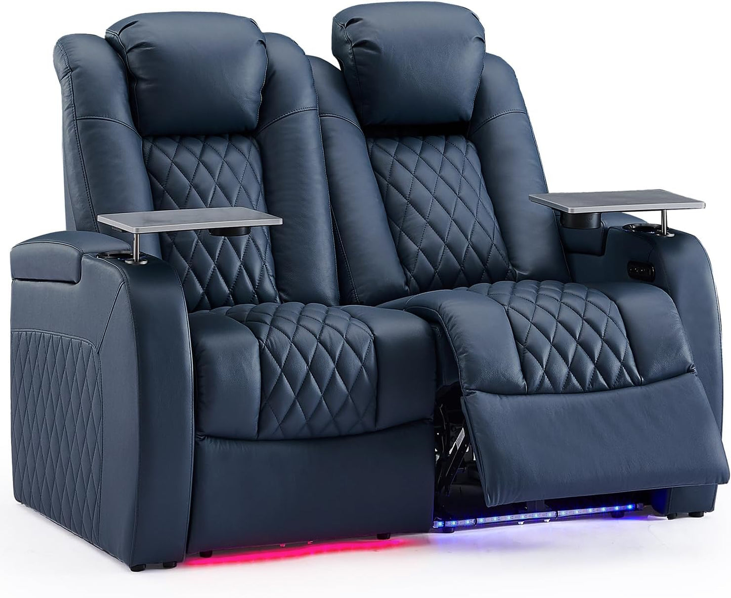 Weilianda Home Theater Seating Top Grain Leather Zero Gravity Recliner Chair Power Headrest Recline Movie Seat Gaming 7 Colors Mood Light Sofa with Tray Table USB Charge Row of 2 Loveseat Blue