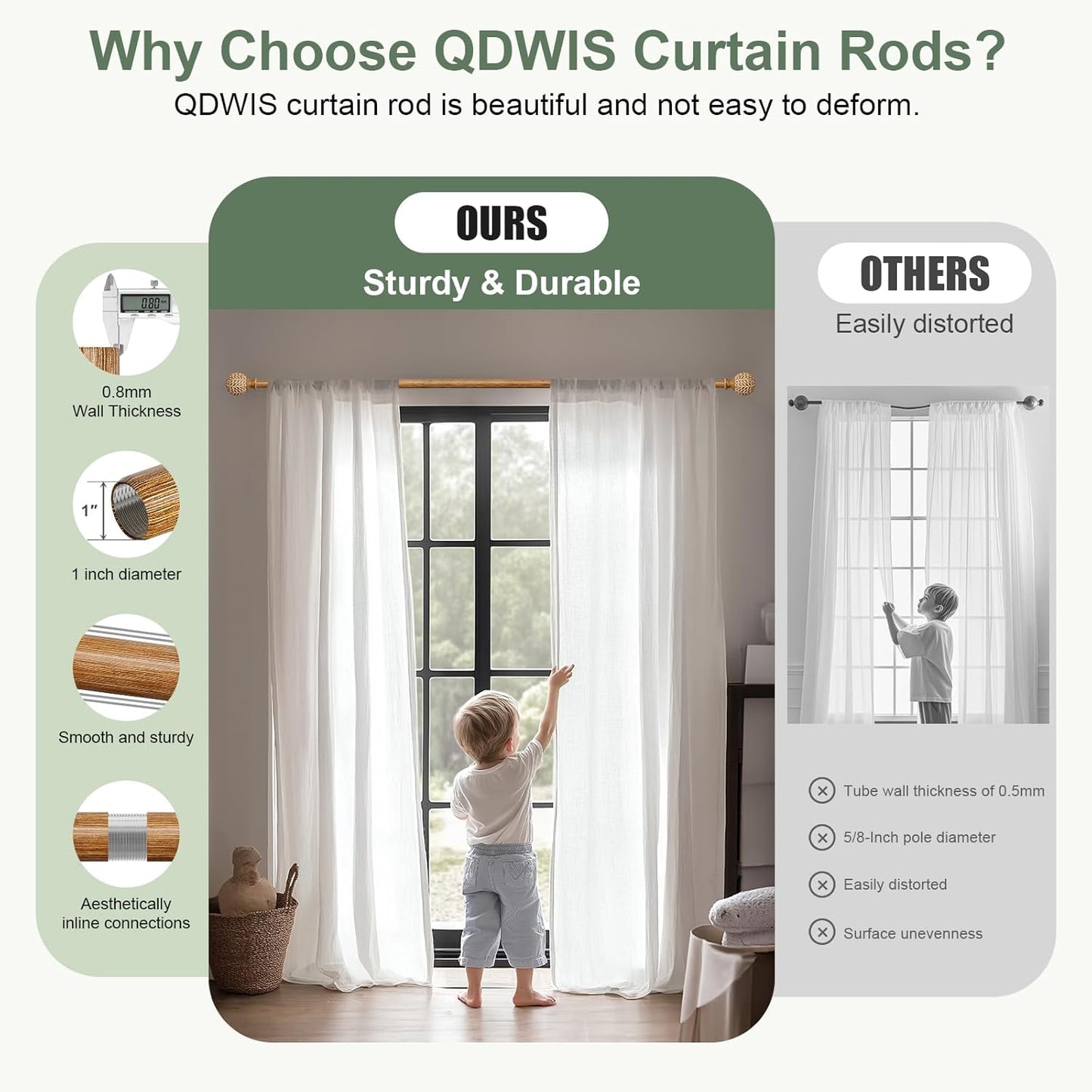 Imitation Wood Grain Ball Curtain Rods for Windows 48 to 84 Inch,1 Inch Heavy Duty Adjustable Wood Curtain Rod,Decorative Drapery Rods Set with Brackets,Size:36''-88''