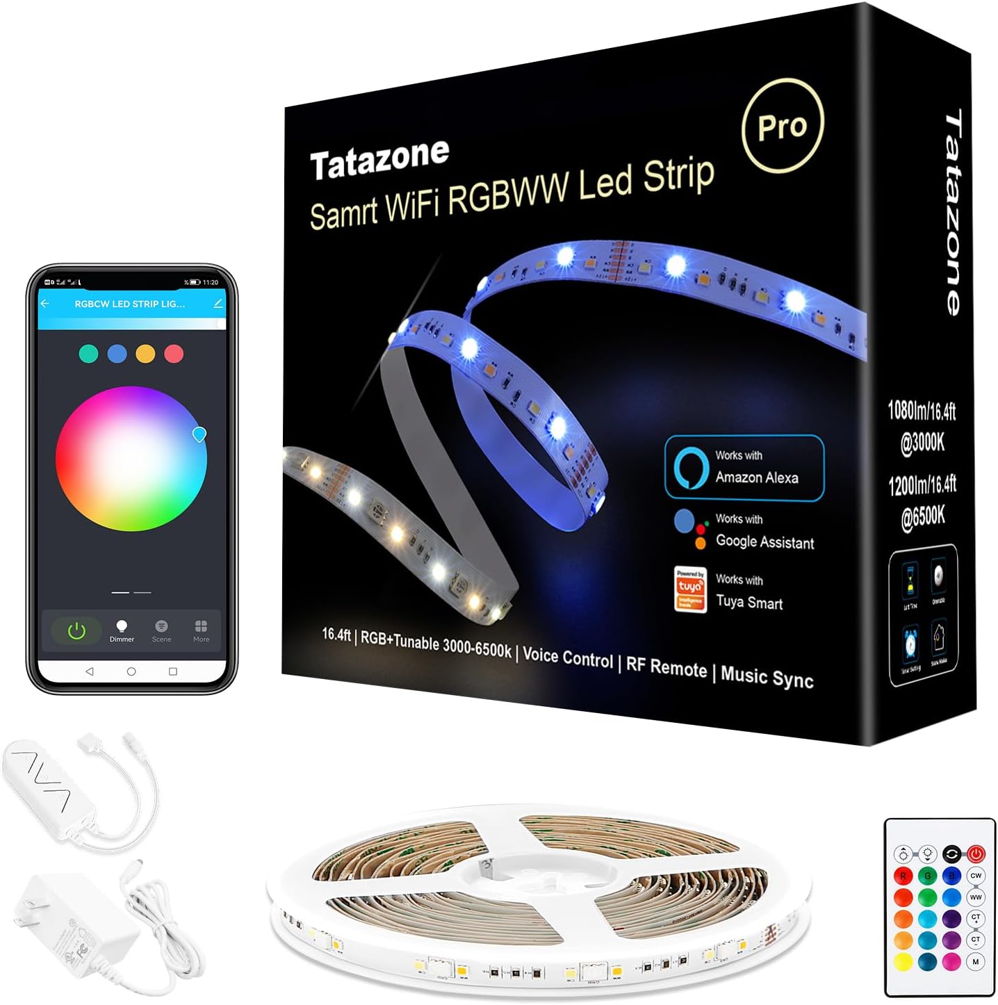 RGBWW Smart Led Strip Lights, 16.4ft Tunable White 3000K to 6500K+RGB WiFi Led Light Strip Work with Alexa and Google, Color Changing Music Sync Indoor Rope Lights for Bedroom, TV, Cabinet