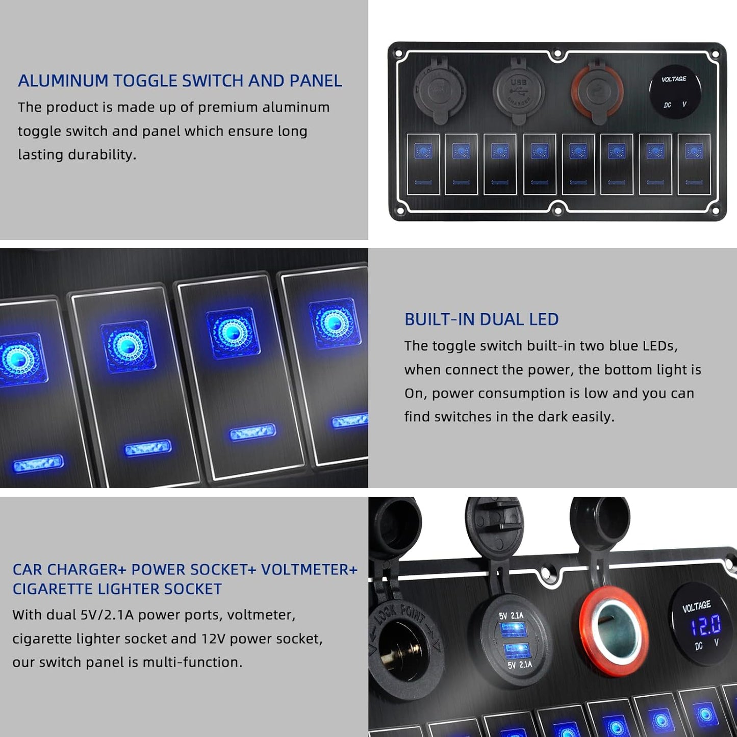 Waterproof 8 Gang Toggle Switch Panel with Dual USB Charger & Voltmeter - Overload Protection for RV, Marine, Car, Truck - Compatible with Auxbeam Boat Switch Panel