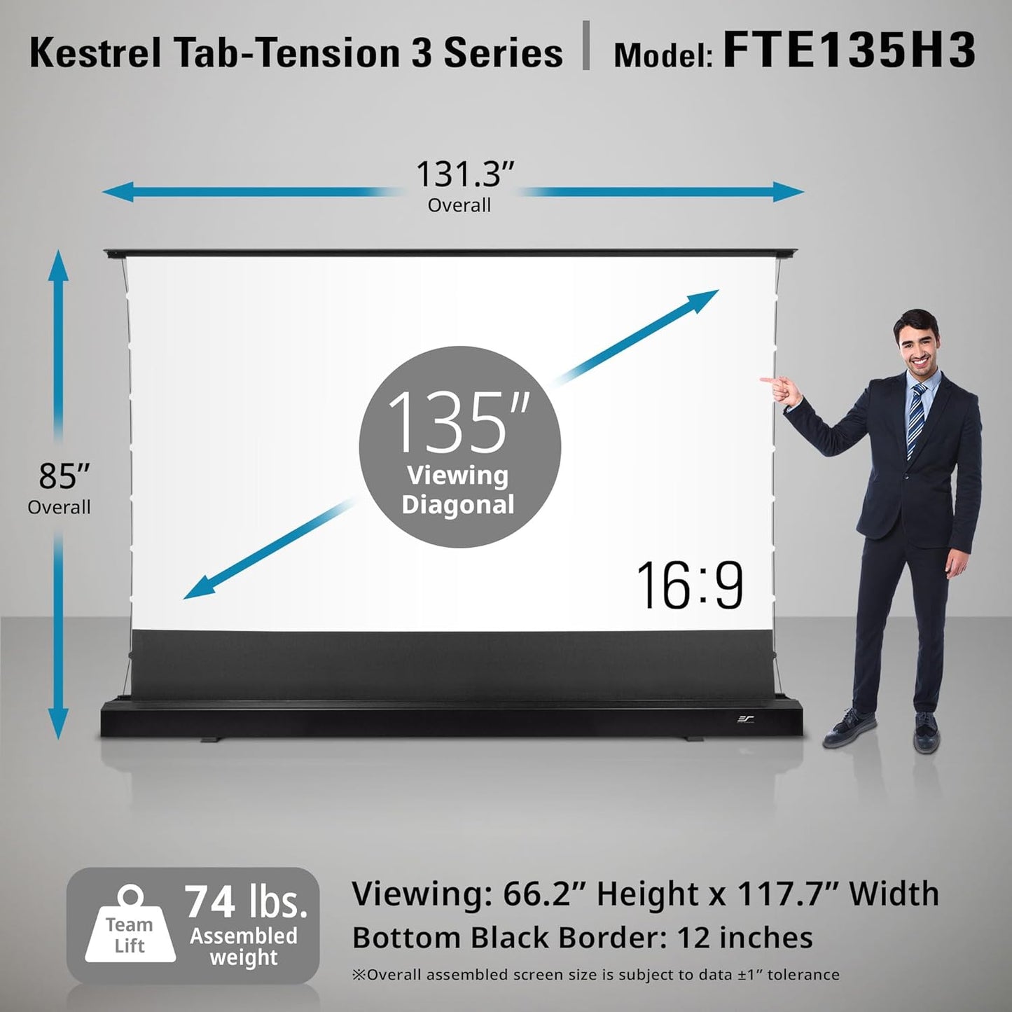 Elite Screens Kestrel Tab-Tension 3 CineWhite, 135 inch 16:9 Aspect Ratio, ISF Certified, Electric Floor-Rising Motorized Tab-Tensioned Front Projector Screen, Programmed Remote Kit, FTE135H3