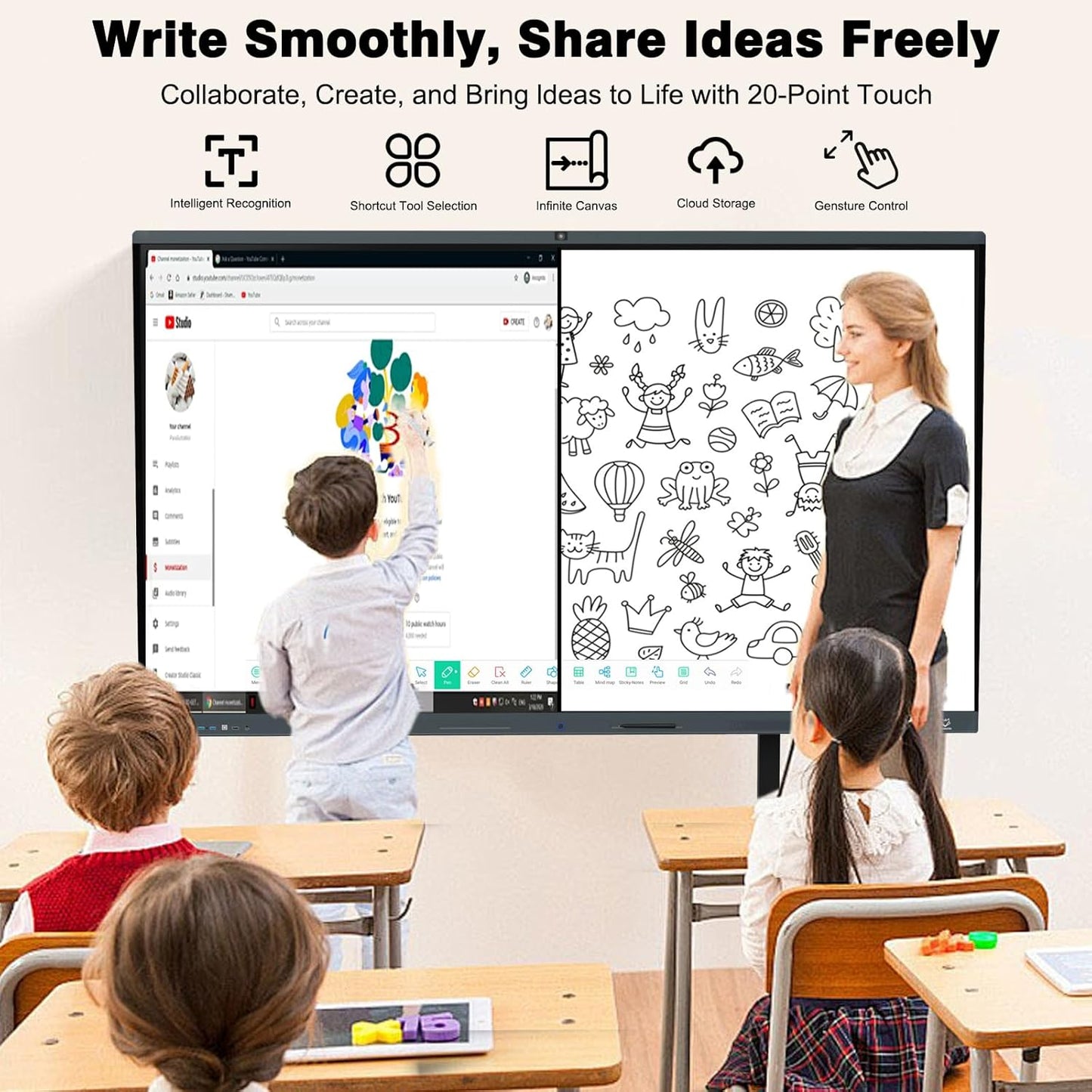 86 Inch Interactive Whiteboard, All in One Electronic Whiteboard for Classroom and Office, 4K Touchscreen Digital Smart Board with Camera and Mics (Board+Movable Stand+Wall Mount)