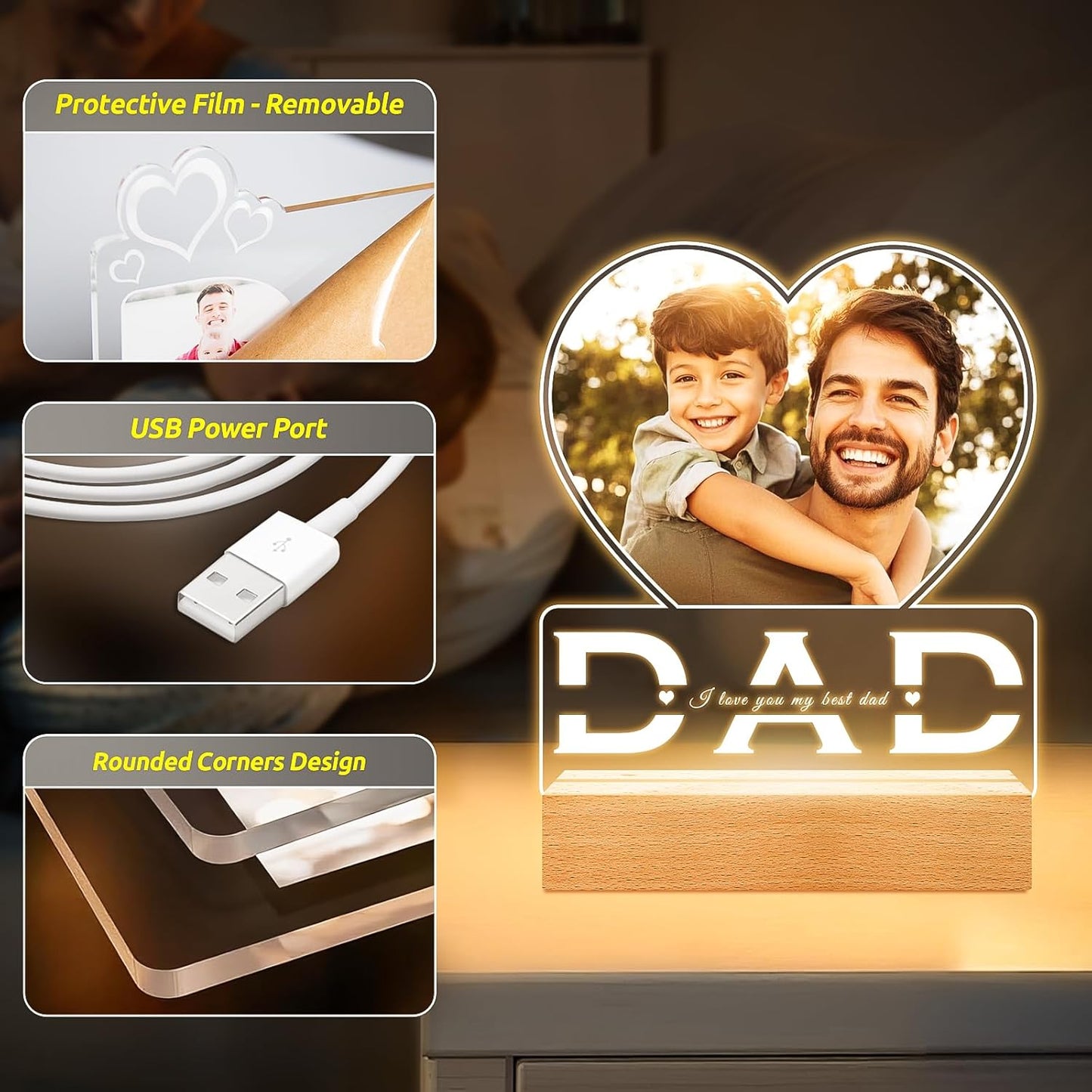 Personalized Gifts for Dad from Daughter Son, Custom Picture Frames with Photo, Customized Photo Frame with Night Light, Personalized Birthday Gifts for Dad Baby Kid Family