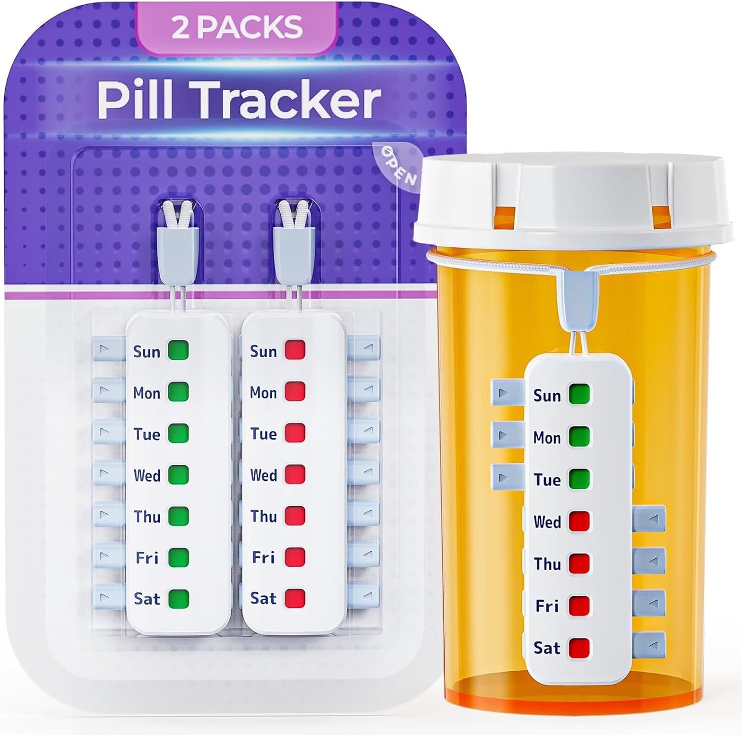 FEATY Pill Reminder for Meds Bottles, Arthritis-Friendly Pill Tracker with Anti-Slide Design, Reusable Medication Tracker for Pet Meds Without Filling, Compact Medication Reminder, 2 Packs