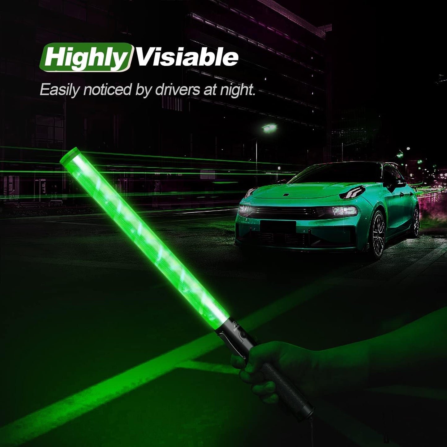RoadHero 2 Pack 21 Inch Traffic Wands, Green Led Traffic Control Baton, Night Safety Light Wand with 2 Flashing Modes, Air Marshaling Signal Wand with Side Clip for Airport, Parking, Car Directing