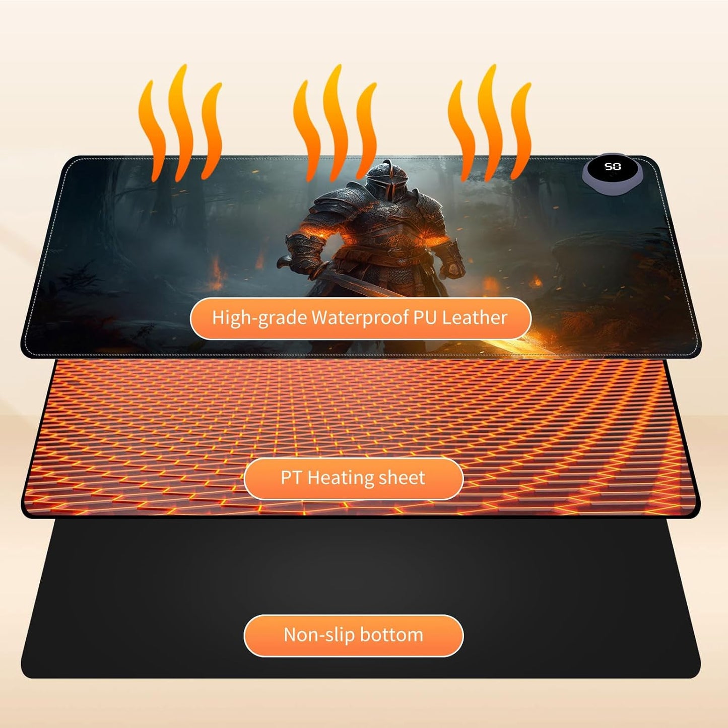 Heated Mouse Pad for Desk 31.5" x 13" – PU Leather Warm Desk Pad with 3 Heat Levels (104°F/113°F/122°F), Plug-in Electric Heating Mat with Auto Shut-Off, Waterproof & Rollable, Fire Warrior