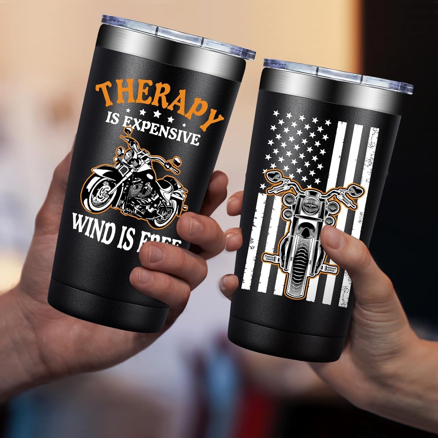 Fufandi Motorcycle Gifts for Men - Therapy Is Expensive Wind Is Free Motorcycle Gifts Tumbler - Christmas Fathers Day Gift for Motorcycle Lovers, Dad, Boyfriend - Tumbler Cup 20oz