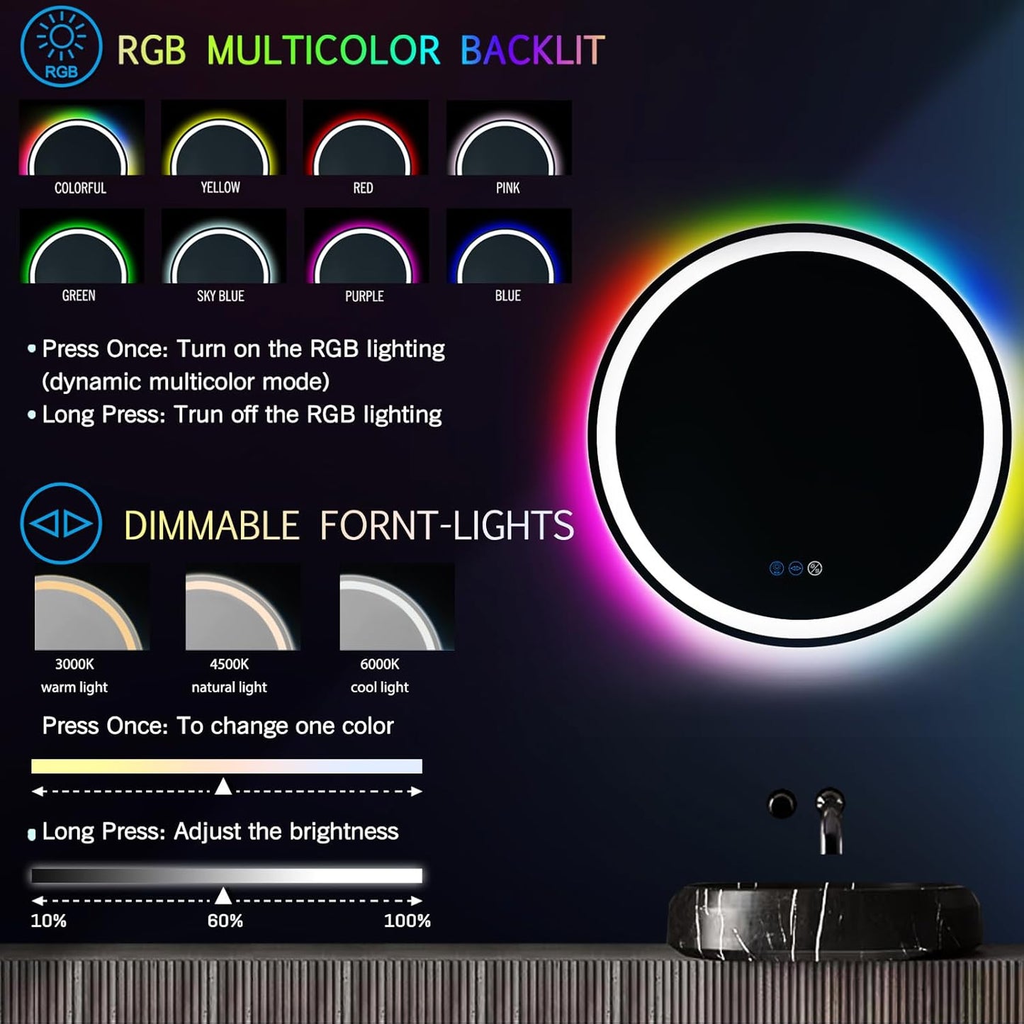 THEKLA 20 Inch Bathroom Round Led Mirror with Lights 3Color + RGB Colorful Changing Backlit Circle Round Lighted Vanity Mirror with Lights for Bathroom Wall Dimmable Anti Fog Round Circle Smart Mirror
