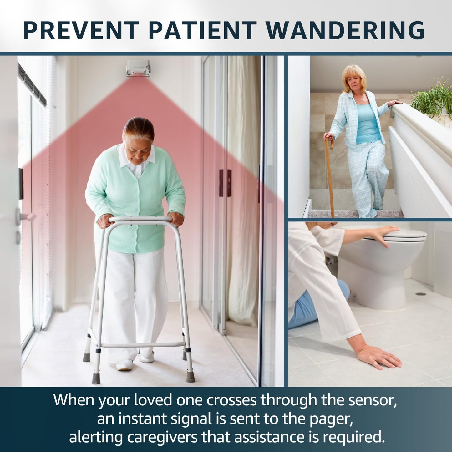 Bed Alarm Caregiver Pager with 2 Wireless Motion Sensors Alarm Indoor Fall Prevention for Elderly Monitoring Seniors Dementia Patients Seniors Home Door Chime