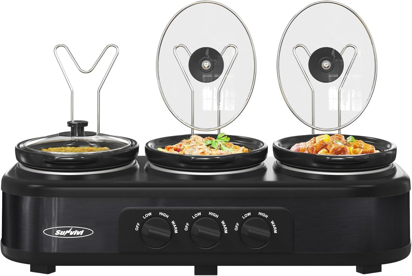 3 * 1.5 Quarts Triple Slow Cooker, Buffet Server & Warmer with 3 Removable Ceramic Pots, 3 Adjustable Temp Settings & 3 Metal Lid Rests, Stainless Steel, Black