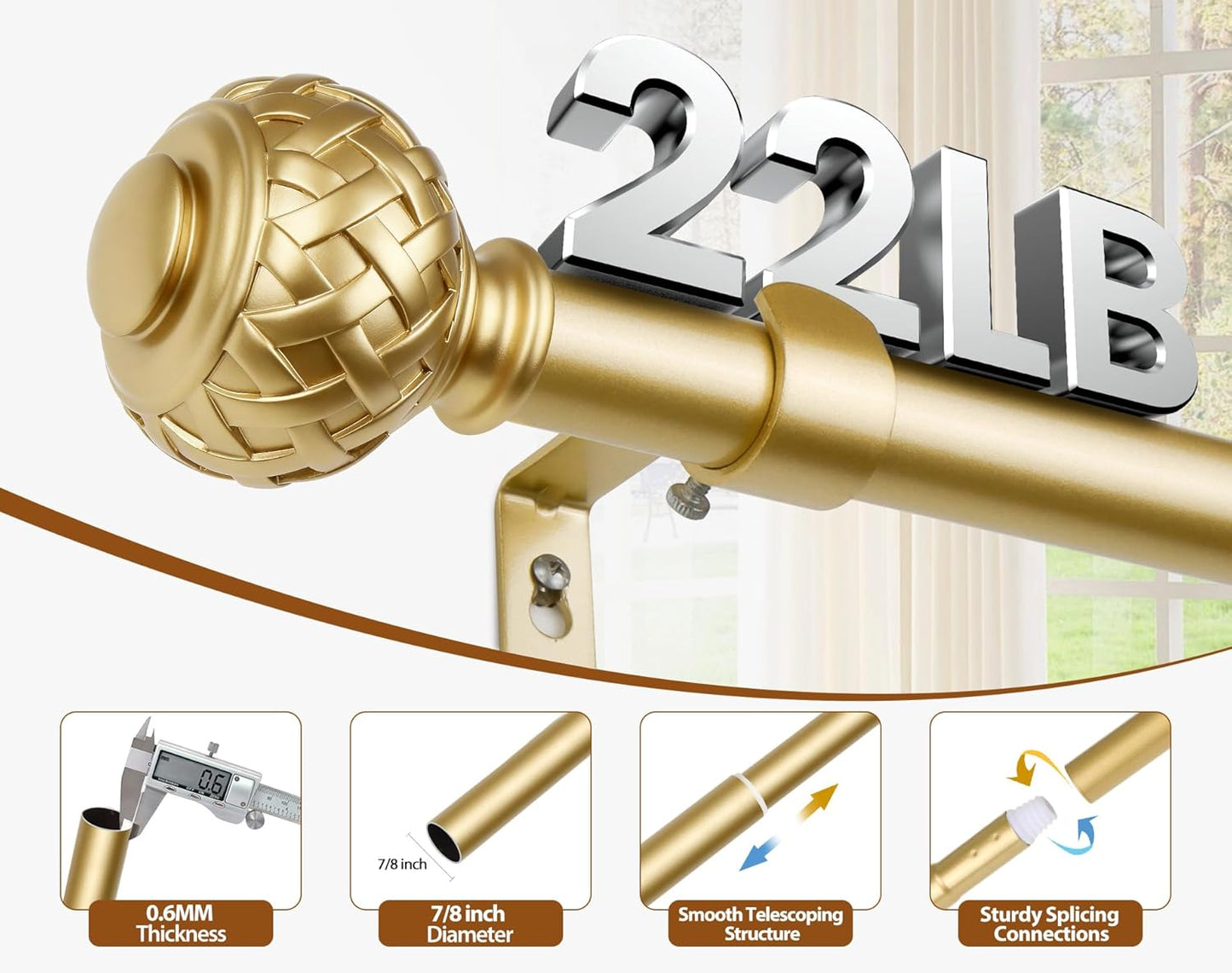 TONIAL Gold Curtain Rod 32 to 58 Inches, 7/8 Adjustable Curtain Rods for Windows 20 to 54 Inches, Splicing Drapery Rods Heavy duty with Netted Texture Finials