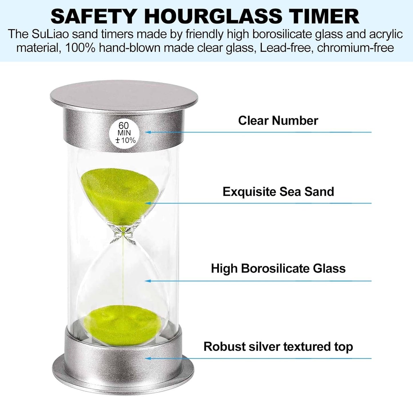 SuLiao Sand Timer 60 Minute Hourglass, Green Sand Watch 60 Min, Large SandClock one Hour, Colorful Plastic Hour Glass Sandglass for Kids, Games, Classroom, Kitchen, Decor