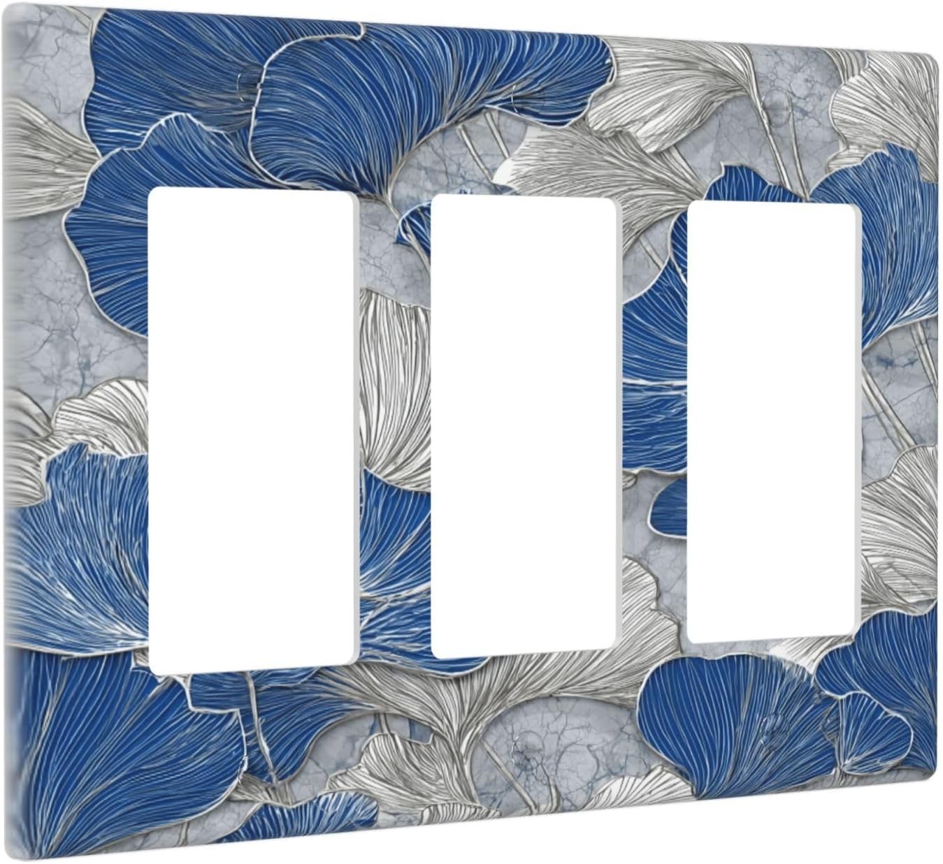 Abstract Blue Marble Plant Leaves 3 Gang Triple Rocker Decorative Light Switch Covers Electrical Faceplate Switch Plates for Bathroom Kitchen Home