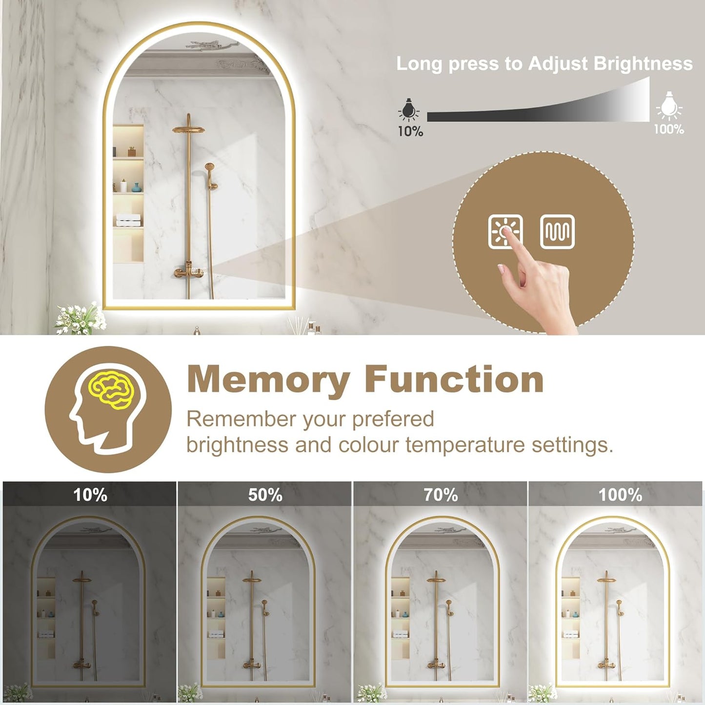 S'bagno 24x36 Arched Gold LED Mirror for Bathroom with Frontlit & Backlit, LED Bathroom Mirror with Metal Frame, Anti-Fog, Stepless Dimmable, 3 Color Temperature Vanity Mirror