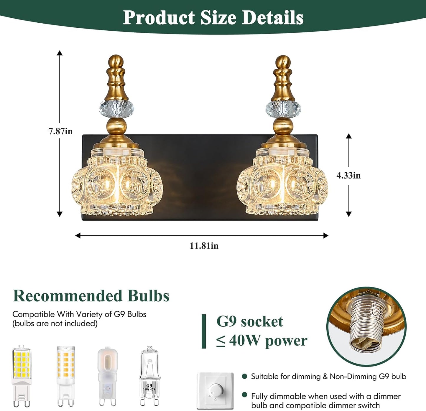 Modern Glass Crystal Vanity Light - Vintage Bathroom Lighting Fixtures Over Mirror, 2 Light Vanity Lights G9 Bulb (11.81 Inch, Black Gold)