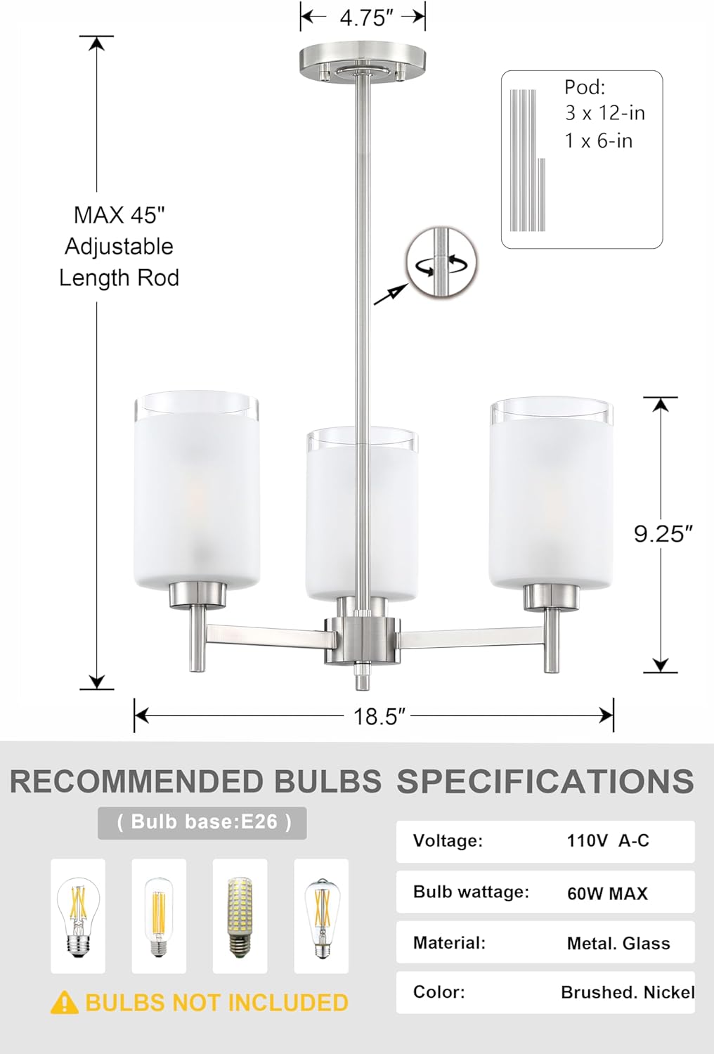 Doraimi Lighting 3 Light Chandelier Clear Frosted Glass Shade Classic Style Ceiling Pendant Light Fixture Brushed Nickel Finish for Meeting Room Dining Room Over Table Living Room