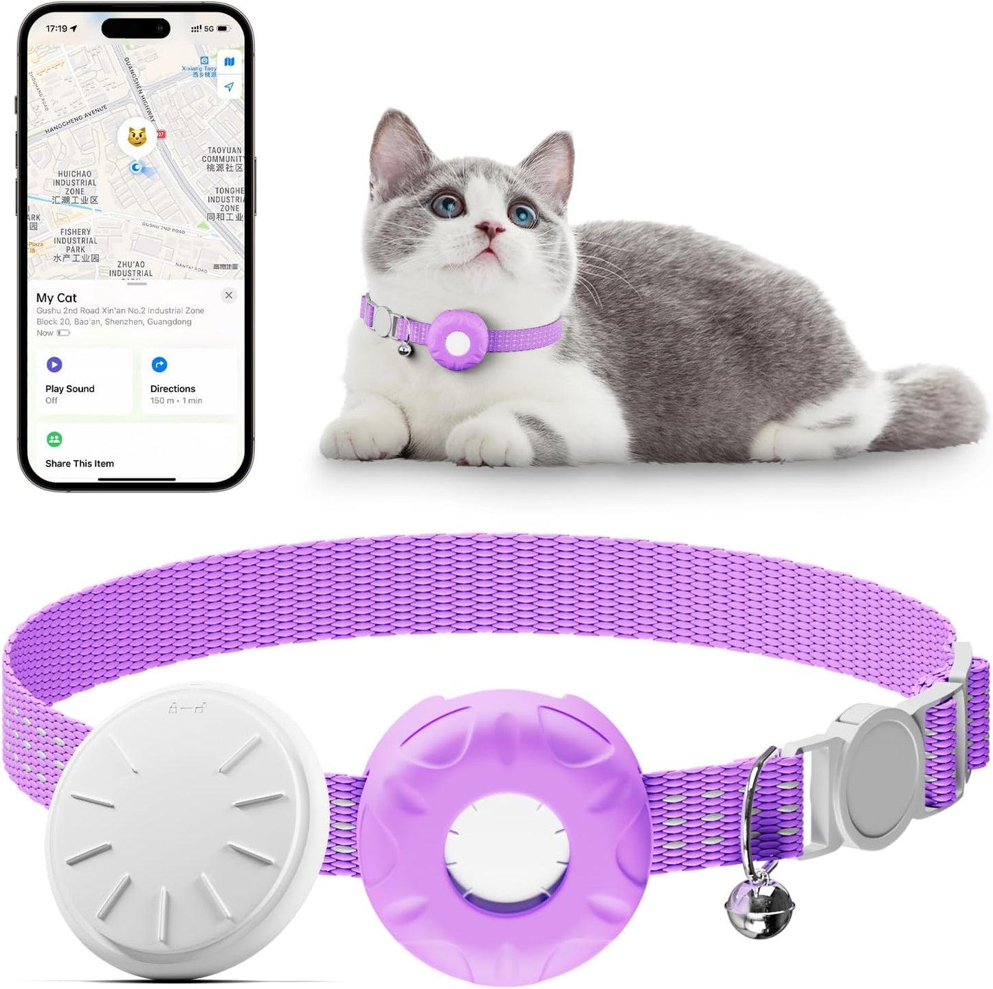 Cat Tracker, Waterproof Pet Tracker for Cats, Cat GPS Tracker Collar with Safety Elastic Buckle, Works with Any Collar, GPS Tracker Compatible with Apple Find My App (Only iOS), No Monthly Fee, Purple