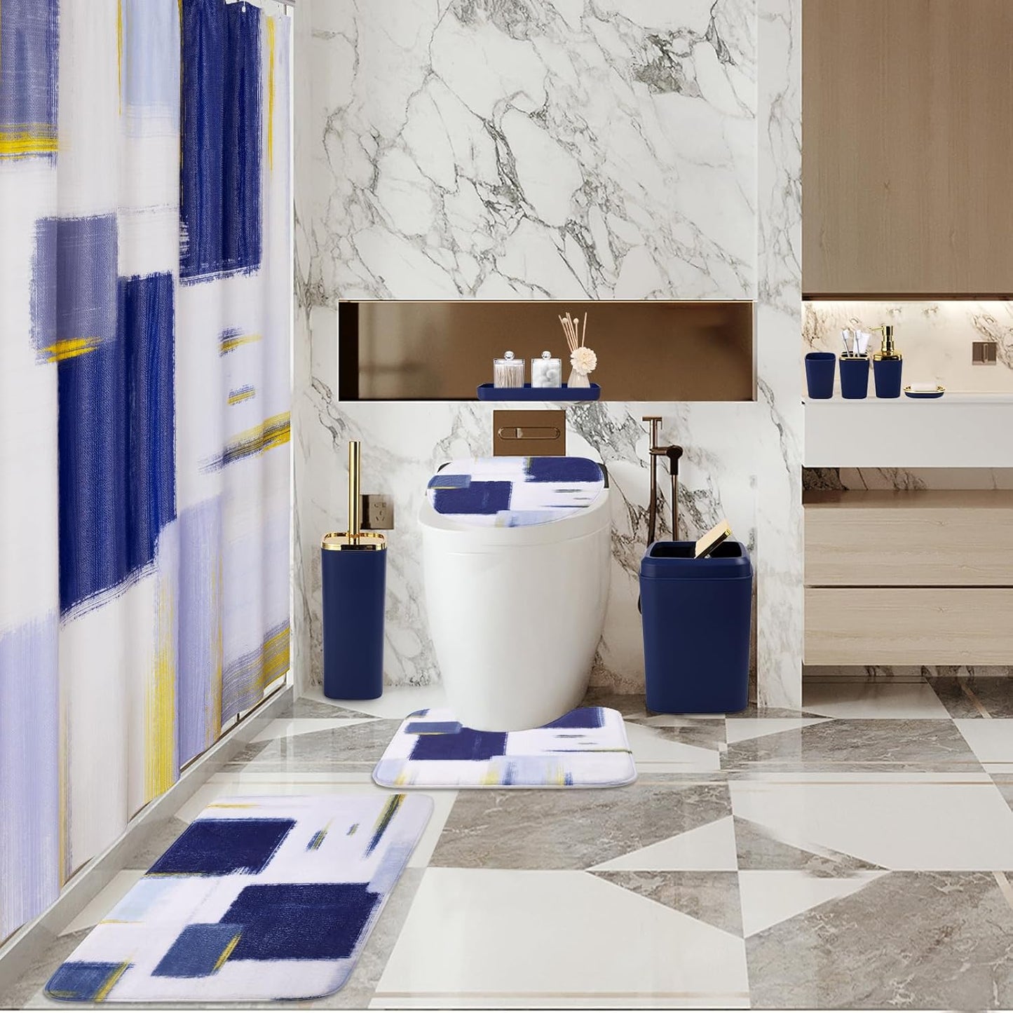 Bathroom Set - Navy Blue and Gold Bathroom Accessories Set, Bathroom Sets with Shower Curtain and Rugs, Blue Shower Curtain Set with Bathroom Trash Can, Soap Dispenser,Soap Dish for Home Decor