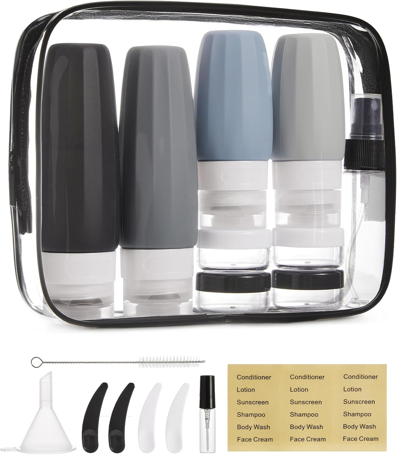 BAGSMART 18 Pack TSA Approved Travel Bottles for Toiletries, Leak Proof Silicone Travel Size Containers Bottles for Shampoo, Grey
