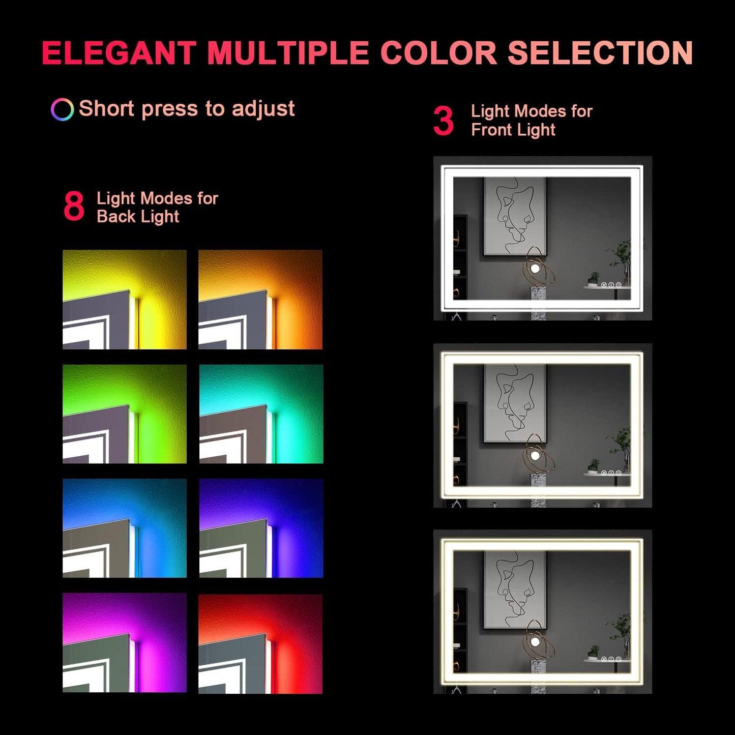 LED Mirror for Bathroom, 48"X36" with 8 RGB Backlit +3 Front Lit (Adjustable Individually), Anti-Fog, Large Lighted Bathroom Vanity Mirror for Wall,Shatterproof,Memory Function,Tempered Glass