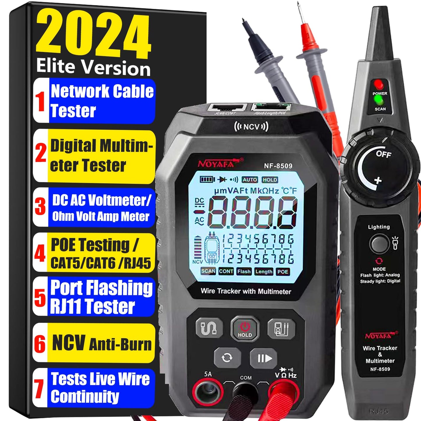 NF-8509 Network Cable Tester (with Multimeter Tester), POE/RJ45 RJ11 CAT5 CAT6 LAN/Ethernet Port Flashing, Anti-Interference TDR Network Tester/NCV Anti-Burnout AC DC Voltmeter Network Tool