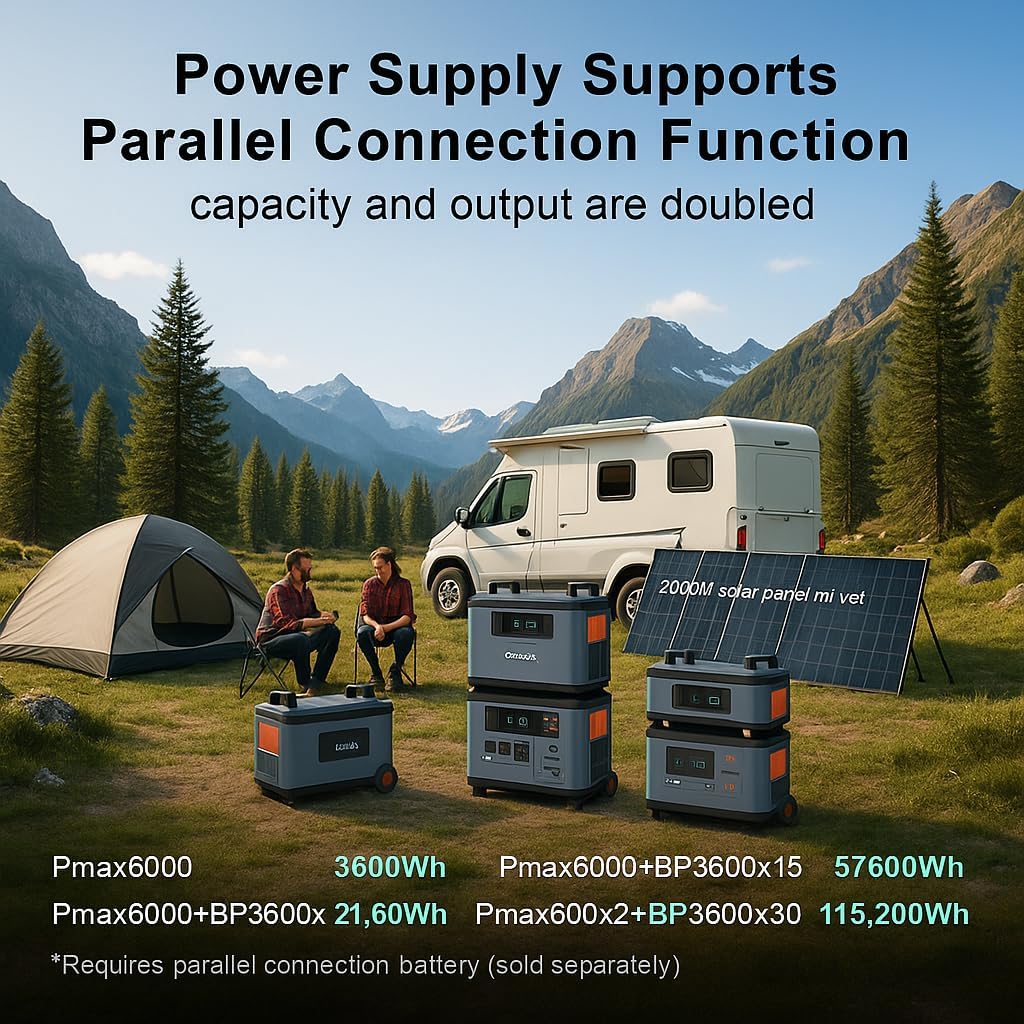3600Wh/6000W Solar Power Station,OSCAL PowerMax 6000 Solar Generator, 120V/240V Split Phase Voltage AC Outlets (9000W Peak), 2400W Solar Charging,Emergency for Home,Battery Backup