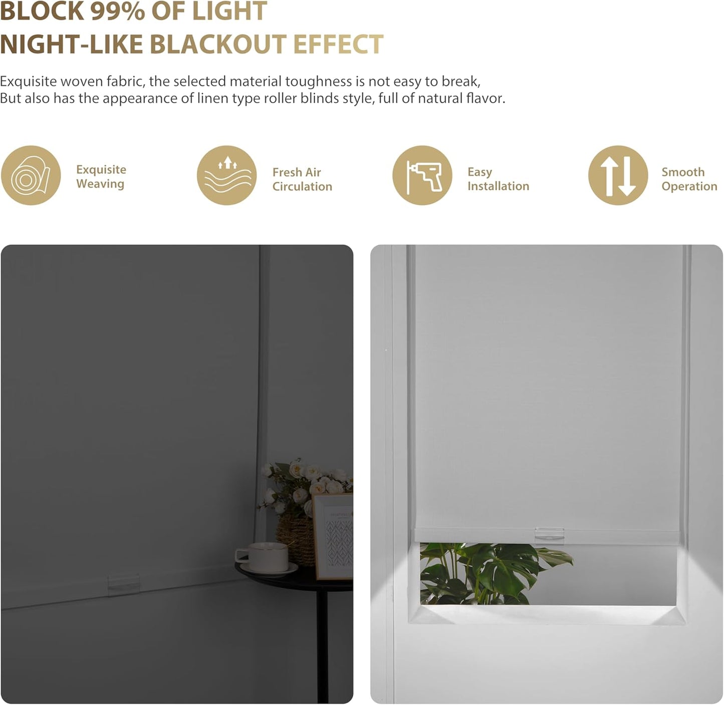 Blackout Linen Roller Shades for Windows Cordless Room Darkening Roller Blinds Easy to Install with Cassette Valance Black Out Window Shades for Home Office Living Room White,24" W x 84" H