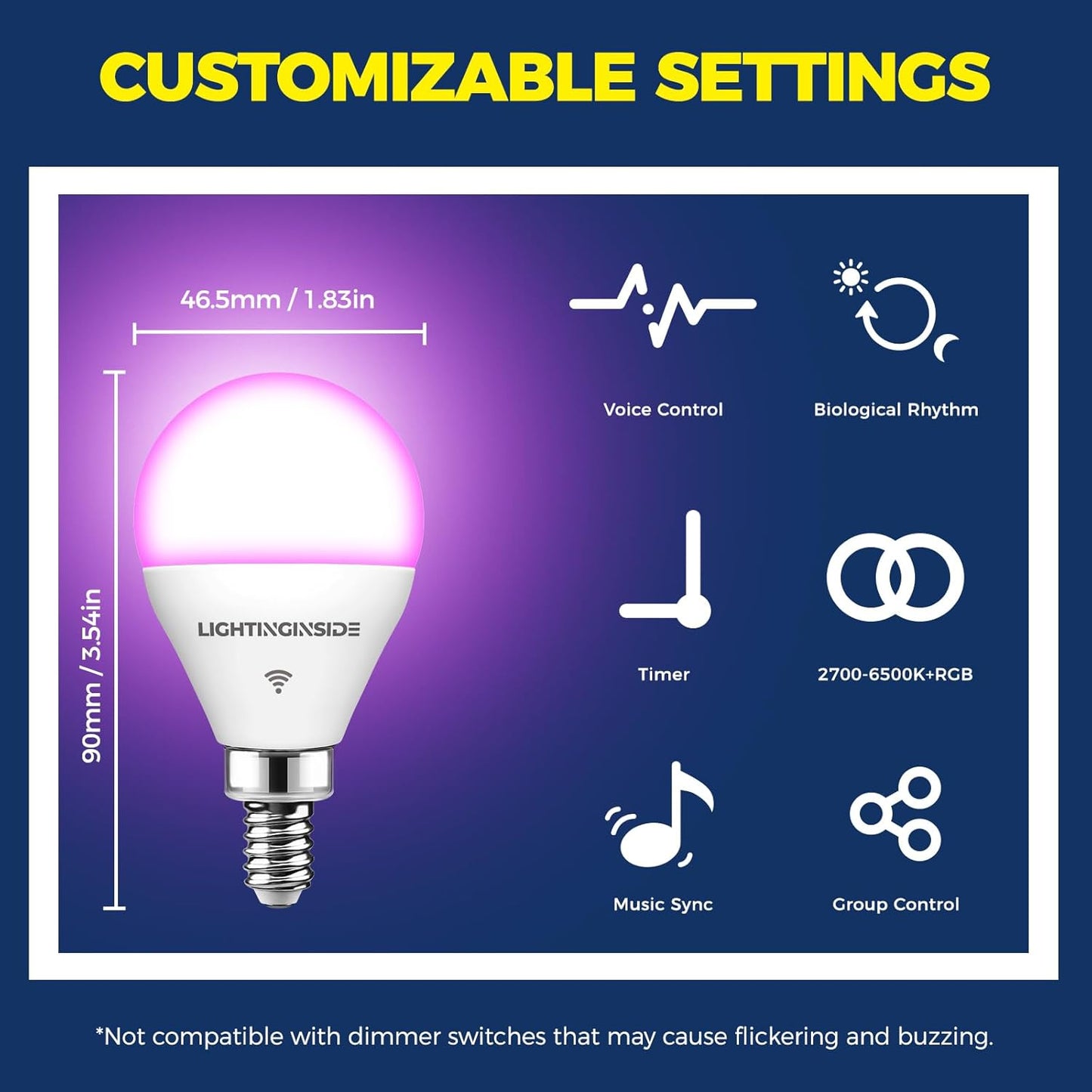 Lightinginside E12 Smart Light Bulbs 50W Equiv., G16.5 RGBCW Candelabra Chandelier Ceiling Fan Smart Bulb Works with Alexa/Google Home/Smart Life, 5W 550LM, 2.4G WiFi Bluetooth Bulb, ETL Listed, 4PCS