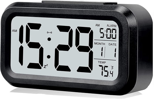 Digital Alarm Clock with LCD Display, Desk Smart Electronic Small Clock with Indoor Temperature, Date, Light Sensor, Backlight, Battery Operated, for Home Bedroom Kids Office (Black)